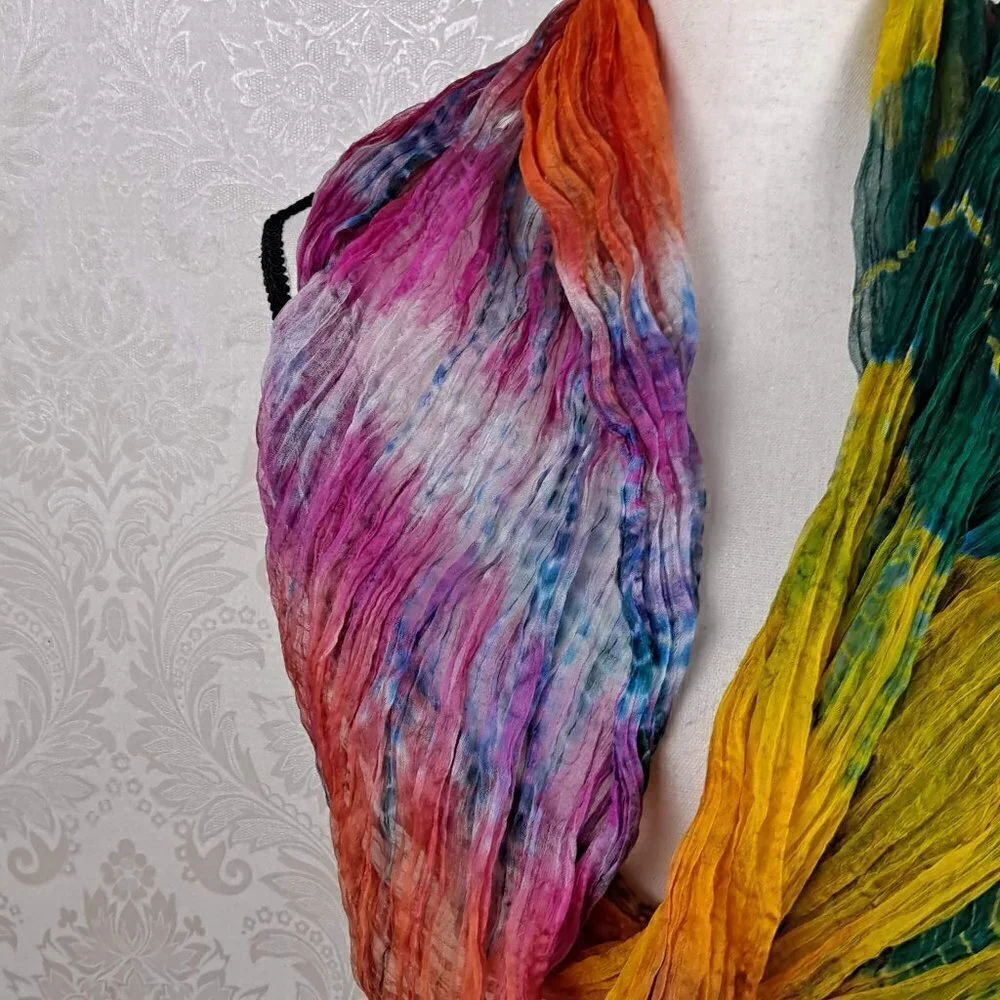 Indian Multi Color Silk Scarf Scrunched Texture Beaded Ends NWOT